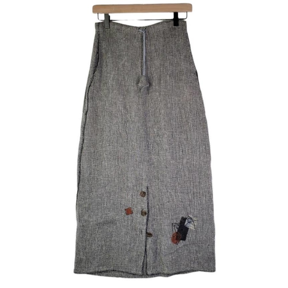 Tribe A People United Woven Boho Skirt Painted Hippie XS Beige Black Hemp Cotton